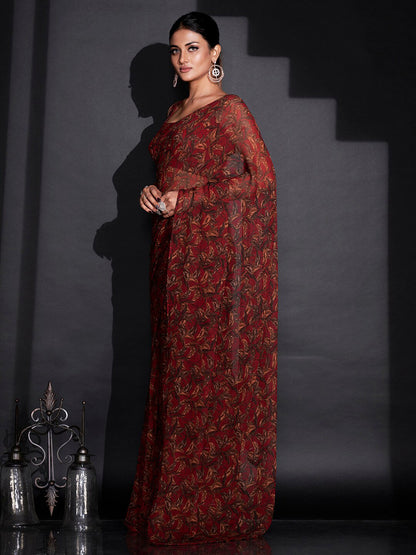 Tikhi Imli Red & Green Floral Printed Poly Georgette Ready To Wear Saree