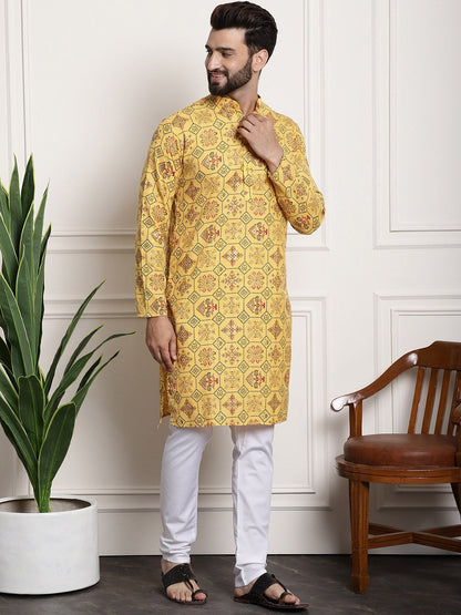 Sojanya Men Yellow Ethnic Motifs Printed Kurta with Churidar