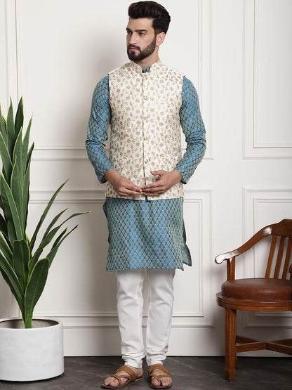 Sojanya Men Blue Ethnic Motifs Kurta with Pyjamas & Nehru Jacket