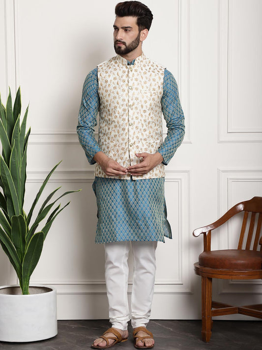 Sojanya Men Blue Ethnic Motifs Kurta with Pyjamas & Nehru Jacket
