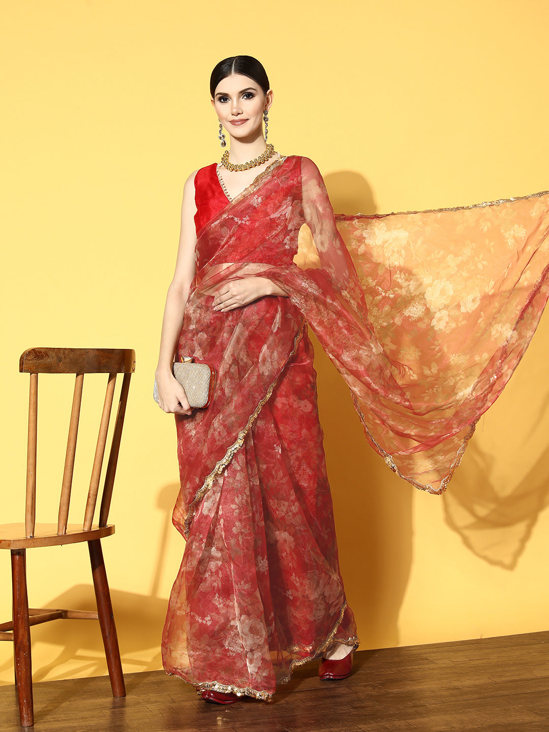 Tikhi Imli Red Floral Sequinned Organza Saree