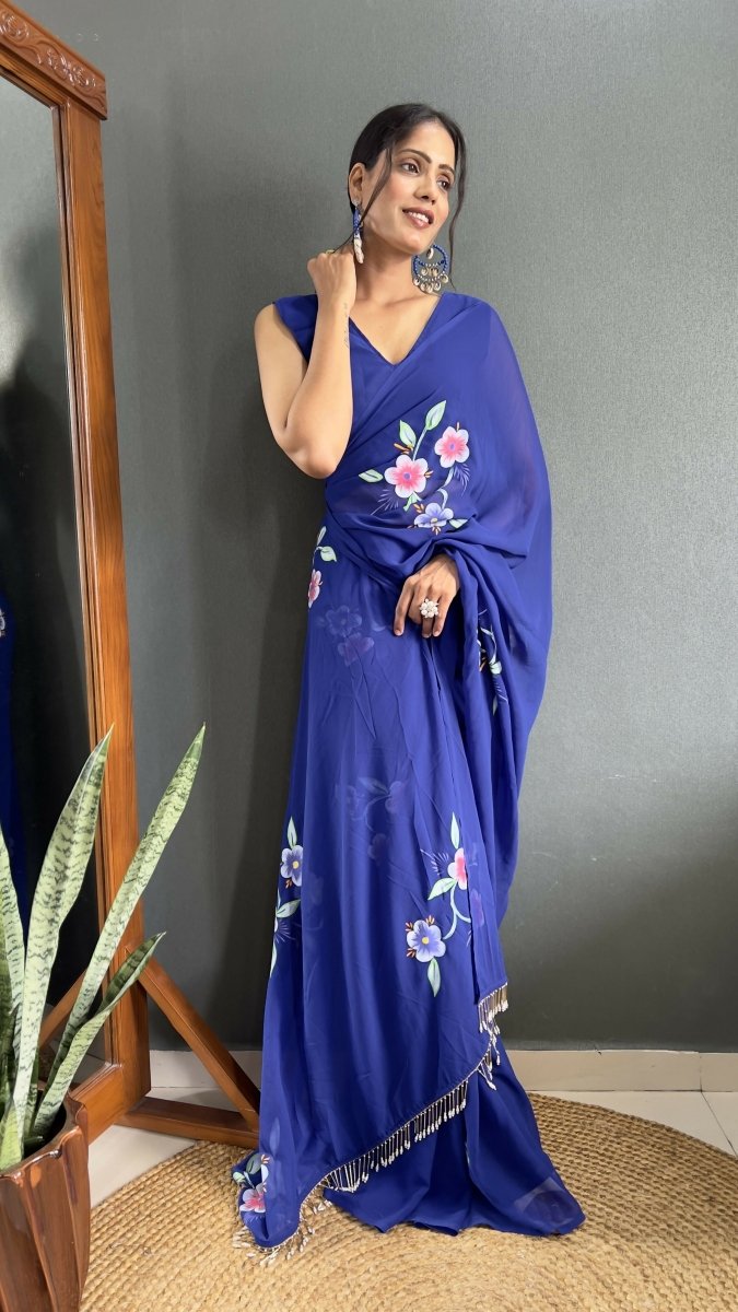 Aayaa Designer 1 min Hand Painted Ready to Wear saree - Navy Blue