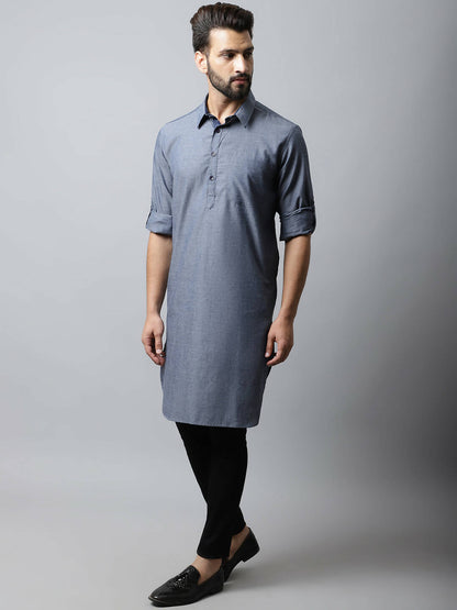 Even Apparels Grey Color Pure Cotton Solid Men's Kurta With Shirt Collar (MMS149)