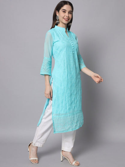 HERE&NOW Women Blue Ethnic Motifs Embroidered Thread Work Georgette Kurta