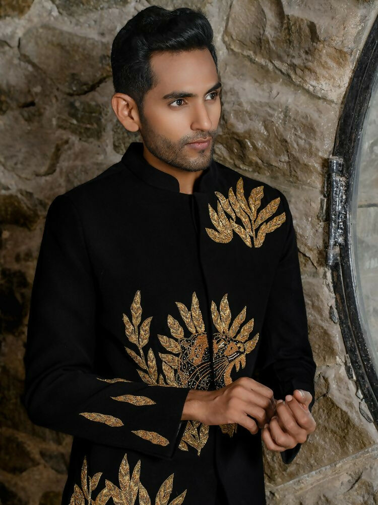 Black Bandhgala With Embroidery-Leaves by Hilo Design
