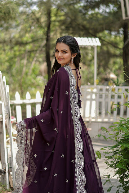 Joban Fashion Wine Georgette Sequence Embroidery Work Kurta Set
