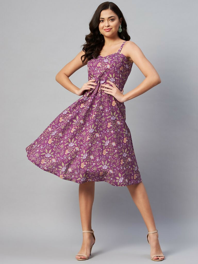 Miravan Women's Purple Floral Printed Midi Length Dress