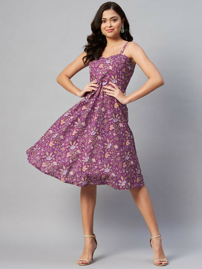Miravan Women's Purple Floral Printed Midi Length Dress