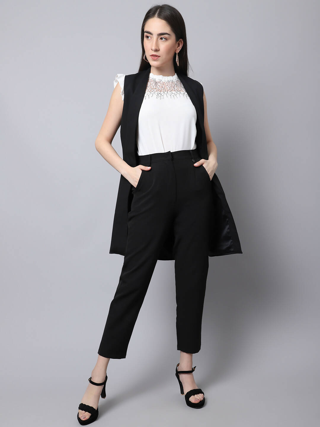 Even Apparels Black Polywool Open Front Women's Long Coat PW668