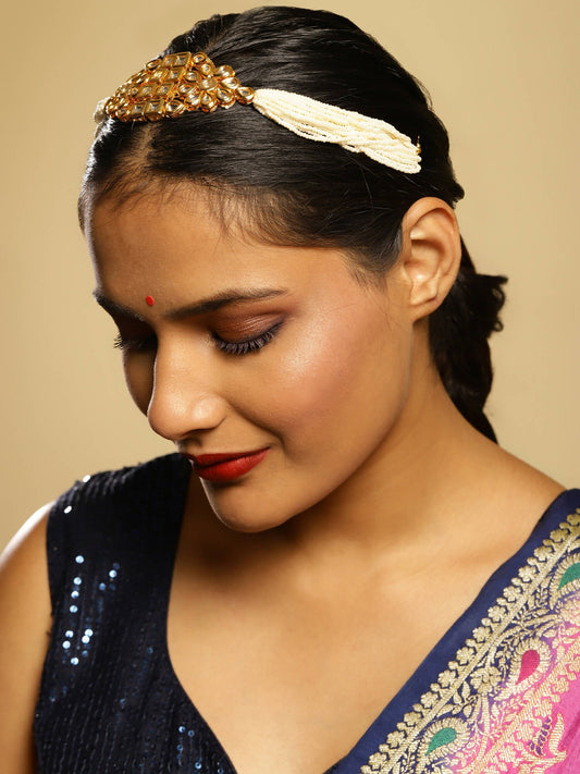 Gold-Polished White Kundan-Studded Pearl Beaded Hair Band - Ruby Raang