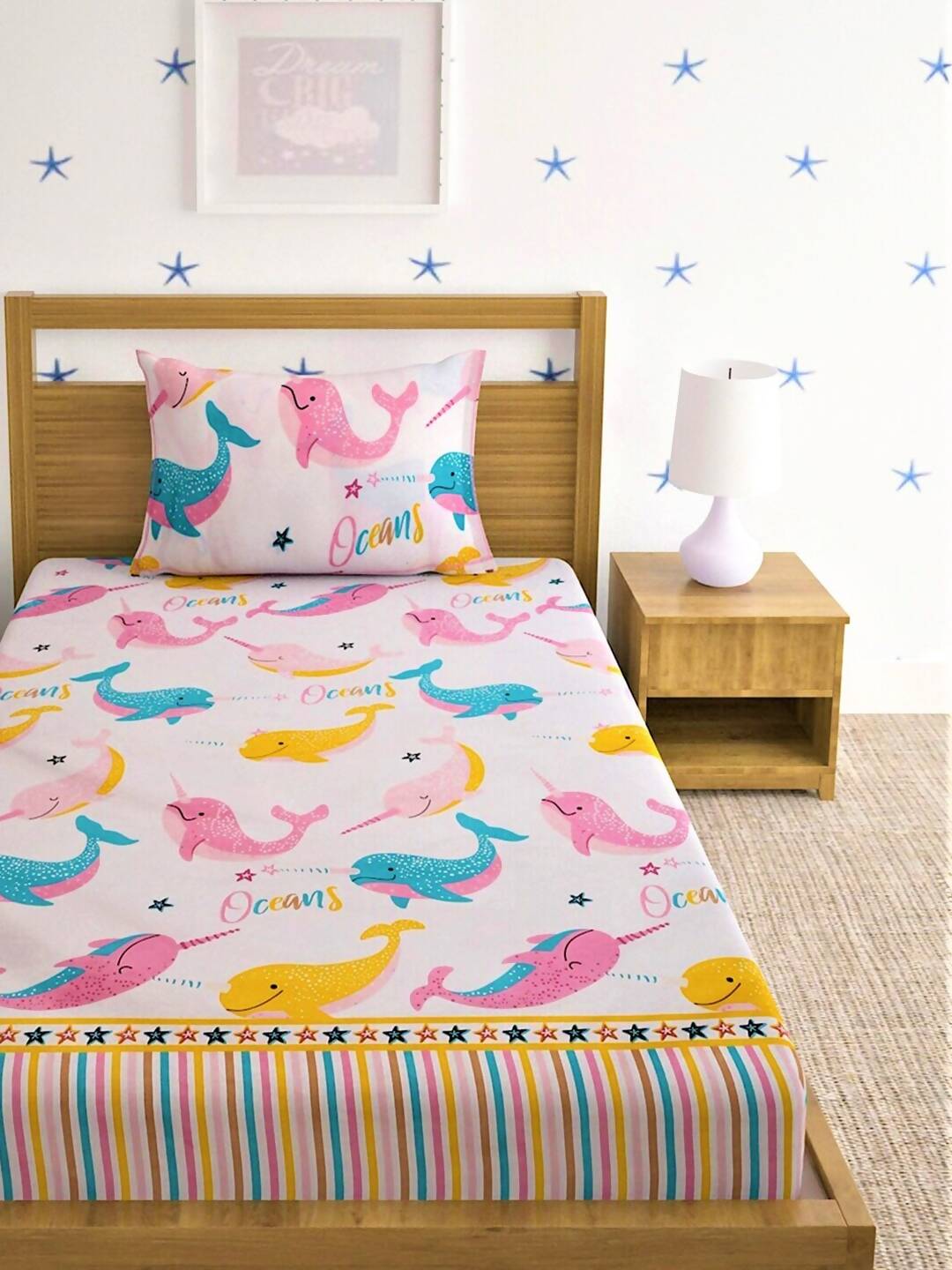 Home Sizzler Pink & Blue Cartoon 210 TC Cotton Bedsheet with Pillow Covers