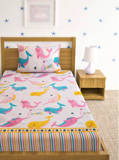 Home Sizzler Pink & Blue Cartoon 210 TC Cotton Bedsheet with Pillow Covers