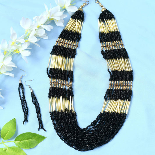Mominos Fashion Johar Kamal Handicraft Finish Beads Work Long Necklace For Women (Black /Golden)