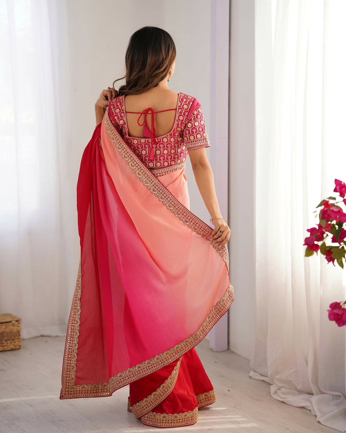 Exclusive Collection Red Pink Party Wear Chinon Salk Saree