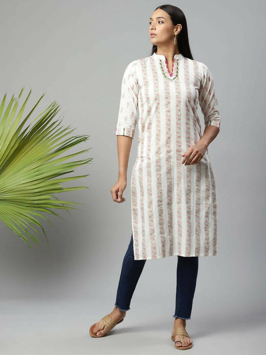 Ahalyaa Womens Off White Color Pure Cotton Printed Kurtas