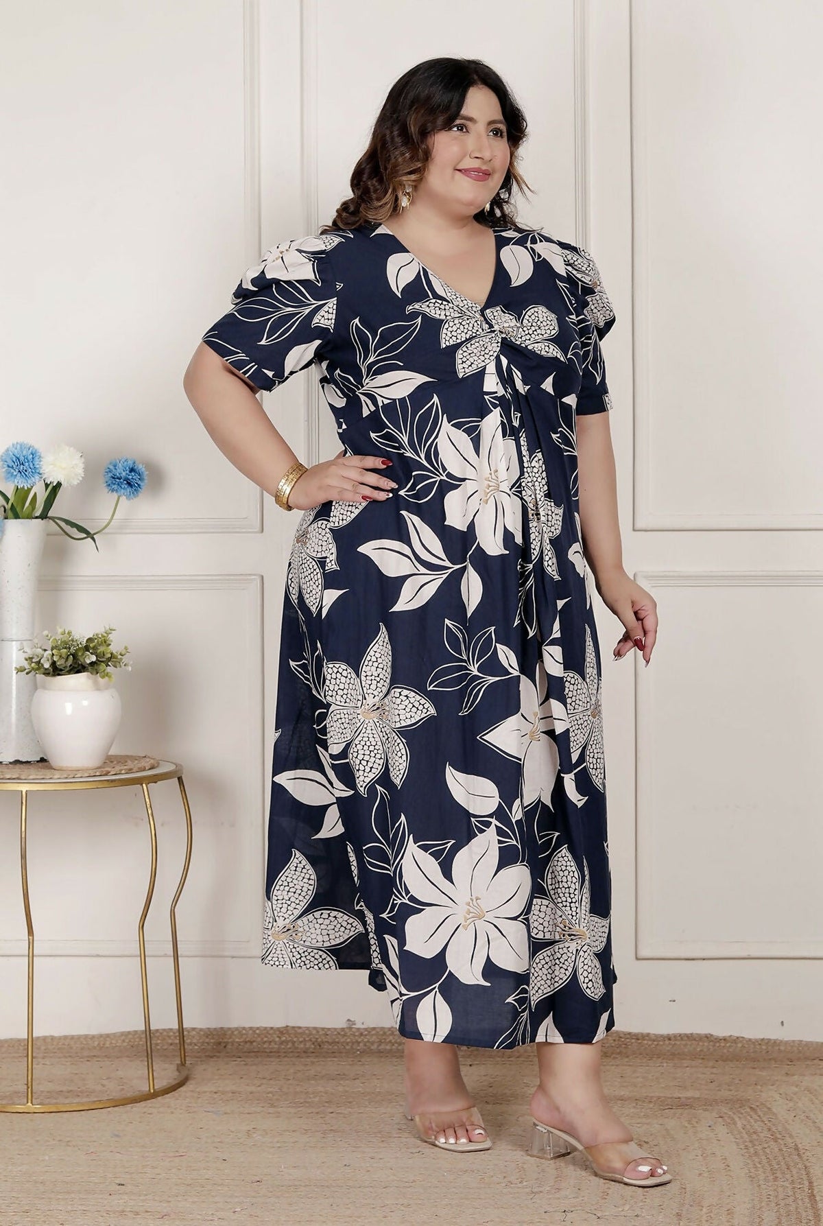 Miravan Womens Plus Size Blue Flower Printed Puff Sleeve Cotton Butterfly Maxi Dress
