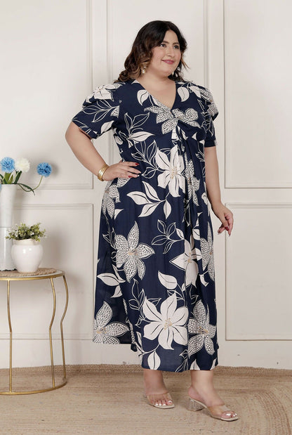 Miravan Womens Plus Size Blue Flower Printed Puff Sleeve Cotton Butterfly Maxi Dress