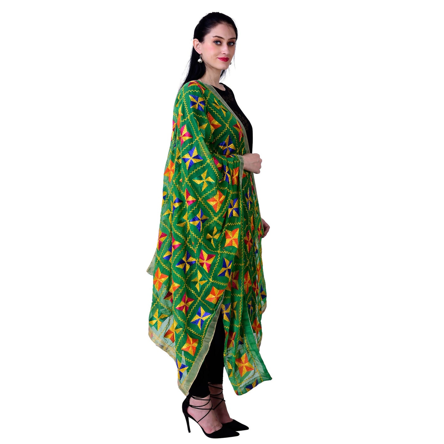 SWI Stylish Embroidered Phulkari Chiffon Green Dupatta