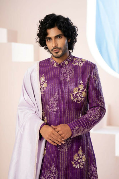 Purple Elegance Sherwani With Zardosi And Gold Embellishments by Hilo Design