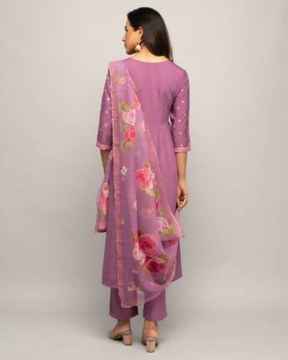 FIORRA Women's Lavender Creap A-Line Kurta Pant With Dupatta