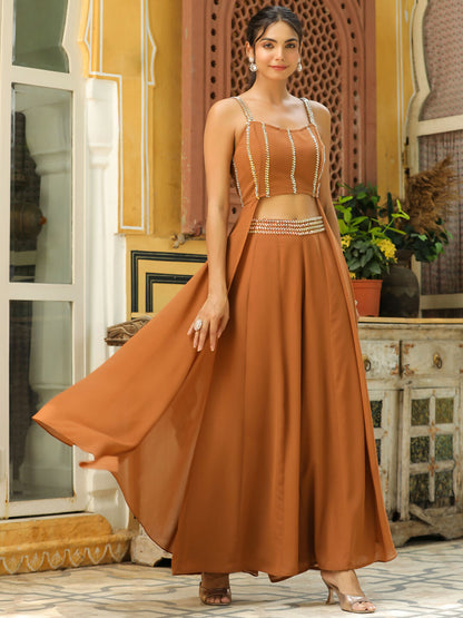 Janasya Brown Georgette Embellished Co-Ords