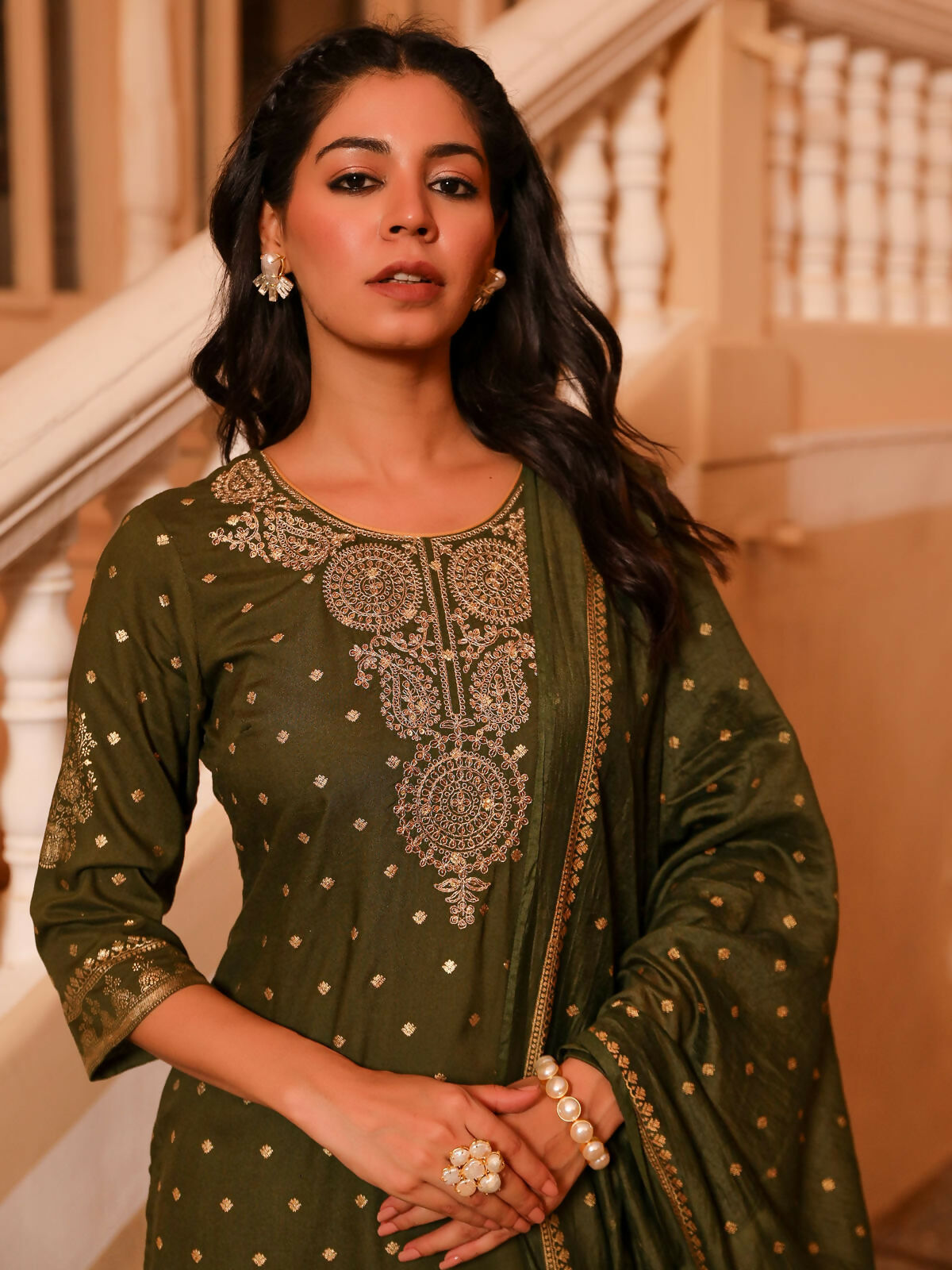 Juniper Women's The Swarn Olive Ethnic Motif Printed Rayon Kurta Pant And Dupatta With Zari Work & Sequins