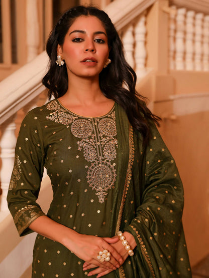 Juniper Women's The Swarn Olive Ethnic Motif Printed Rayon Kurta Pant And Dupatta With Zari Work & Sequins