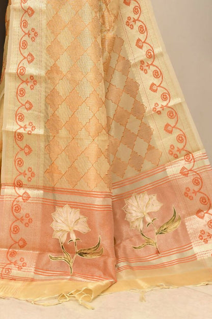 Joban Fashion Light Orange Saree Kota Tissue With Embroidery And Applick Anchal