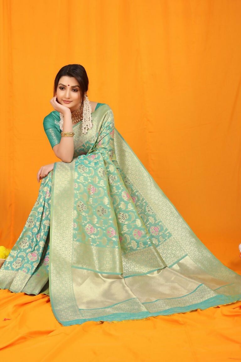 Jyoti Fashion Women's Sea Green Kanjivaram Silk Zari Woven Saree with Blouse