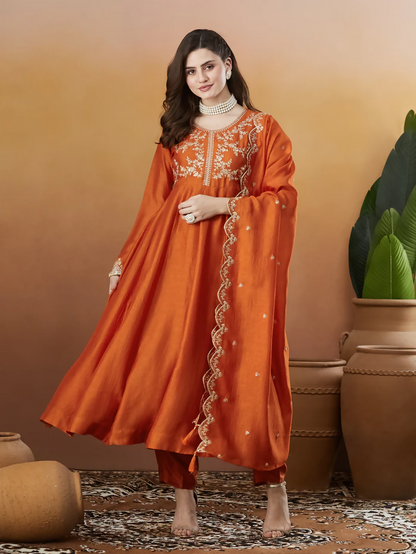 The52 Orange Women's Beautiful Vichitra Silk Fabric Embroidered Work Flared Anarkali Pant and Dupatta Set