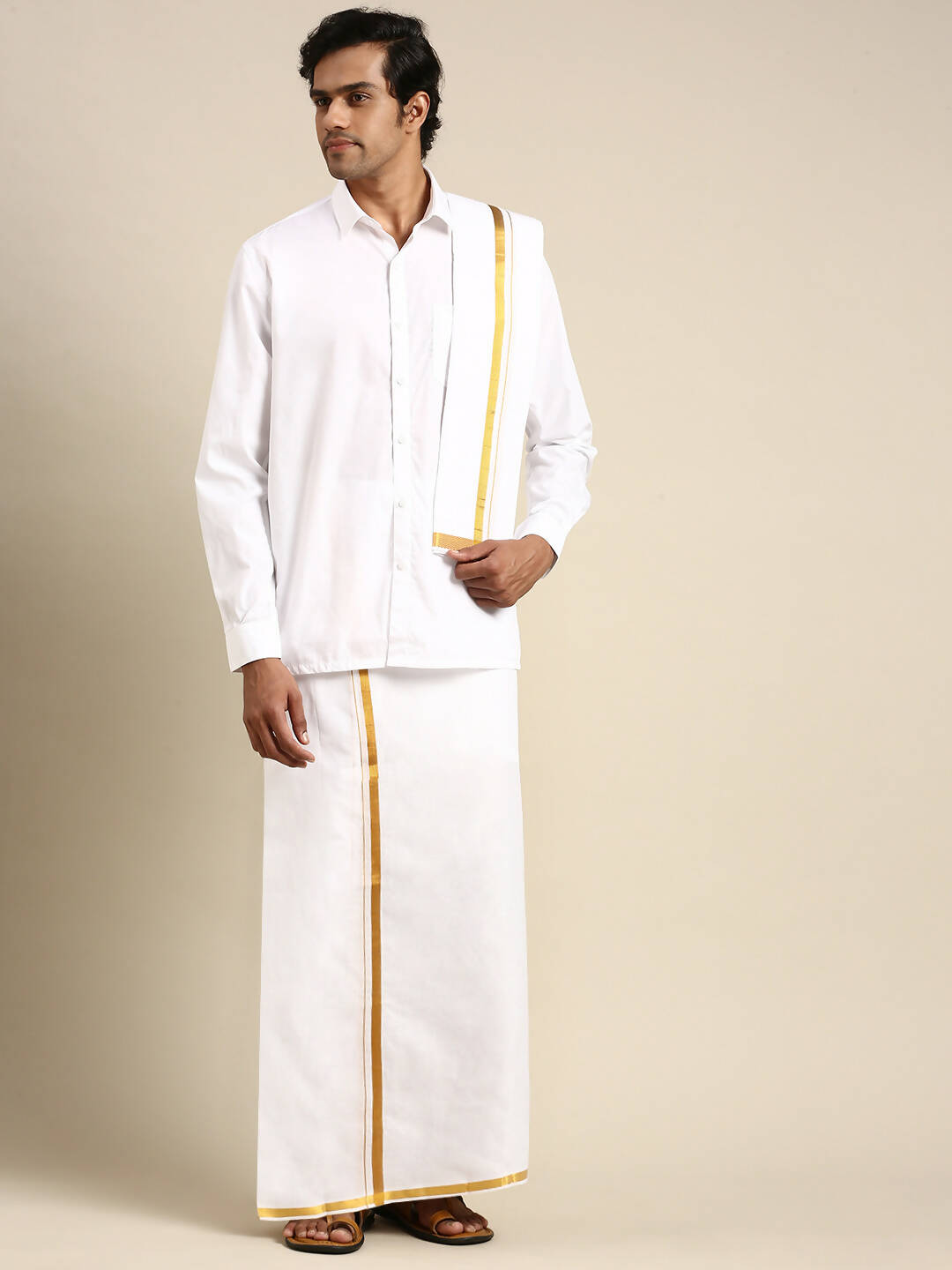 Ramraj Cotton Premium Wedding White Regular Dhoti, Shirt & Towel Set Arathi 1/2"