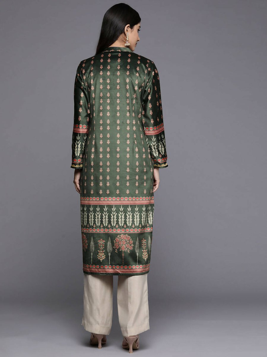 Ahalyaa Women Green & Pink Ethnic Motifs Printed Gotta Patti Velvet Kurta