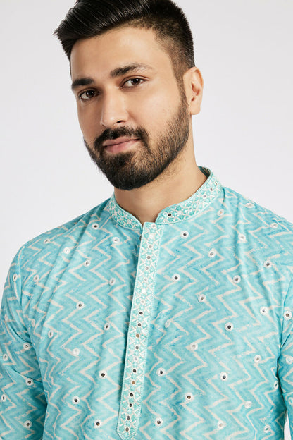 Ethnic India Blue Men's Kurta Embellished Polyester