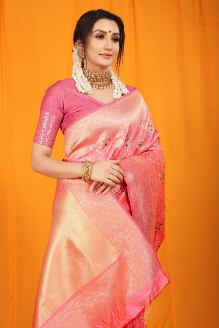 Jyoti Fashion Women's Pink Kanjivaram Silk Zari Woven Saree with Blouse