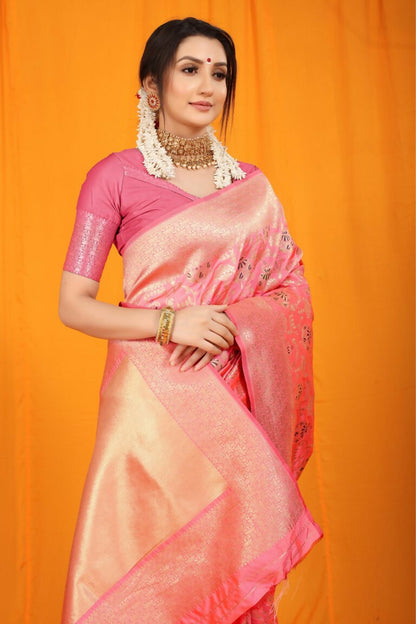 Jyoti Fashion Women's Pink Kanjivaram Silk Zari Woven Saree with Blouse