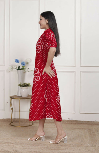 Miravan Womens Red Bandhani Printed Collar Neck Maxi Dress