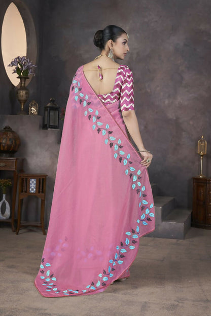Vastranavya Pink Soft Crush Georgette Thread Embroidery work of Leaf Pattern with Patched Lace Border Saree
