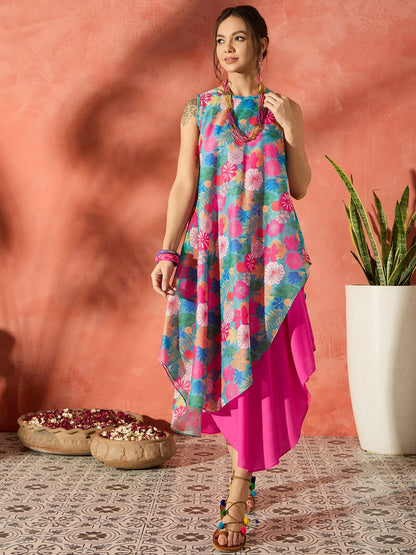InWeave Blue Floral Fuchsia Asymmetrical Dress