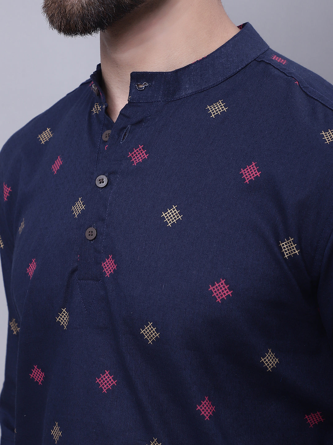 Even Apparels Blue Pure Cotton Short Kurta With Band Collar