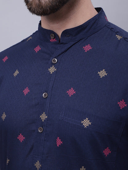 Even Apparels Blue Pure Cotton Short Sleeves Kurta With Band Collar