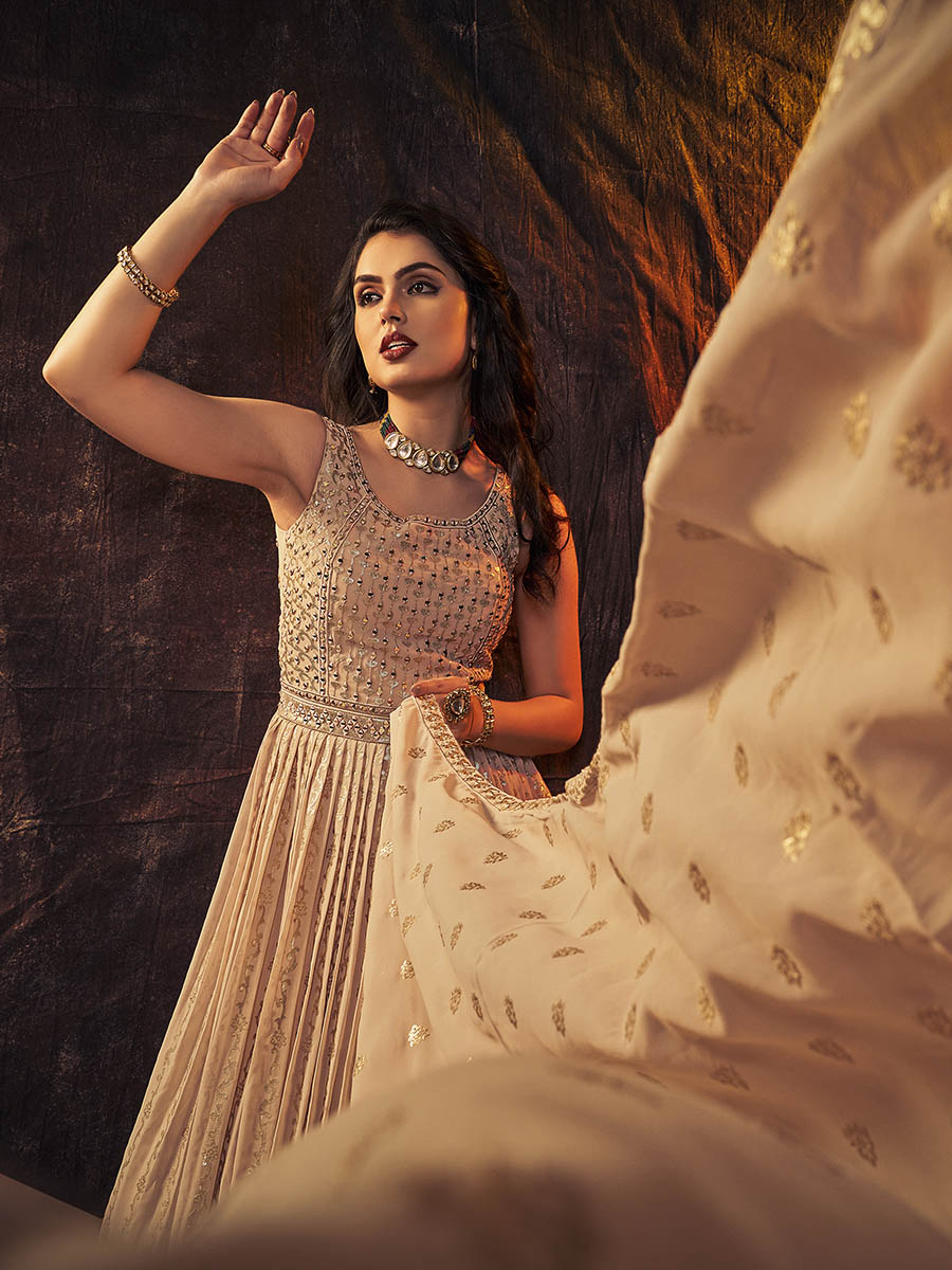 Myra Peach Real Georgette Designer Gown Style Suit