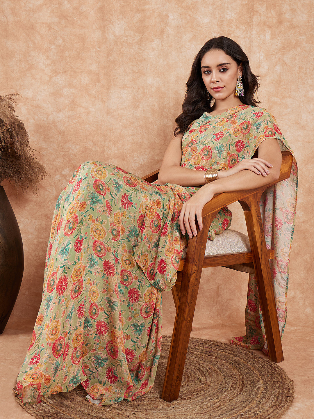 InWeave Women's Pear Green Red Floral Skirt Saree