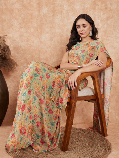 InWeave Women's Pear Green Red Floral Skirt Saree