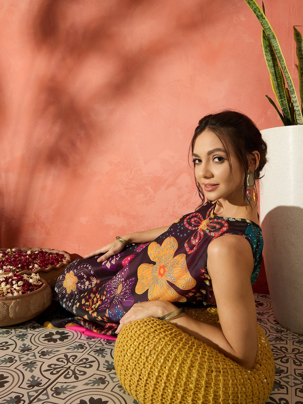 InWeave Black Floral Fuchsia Asymmetrical Dress