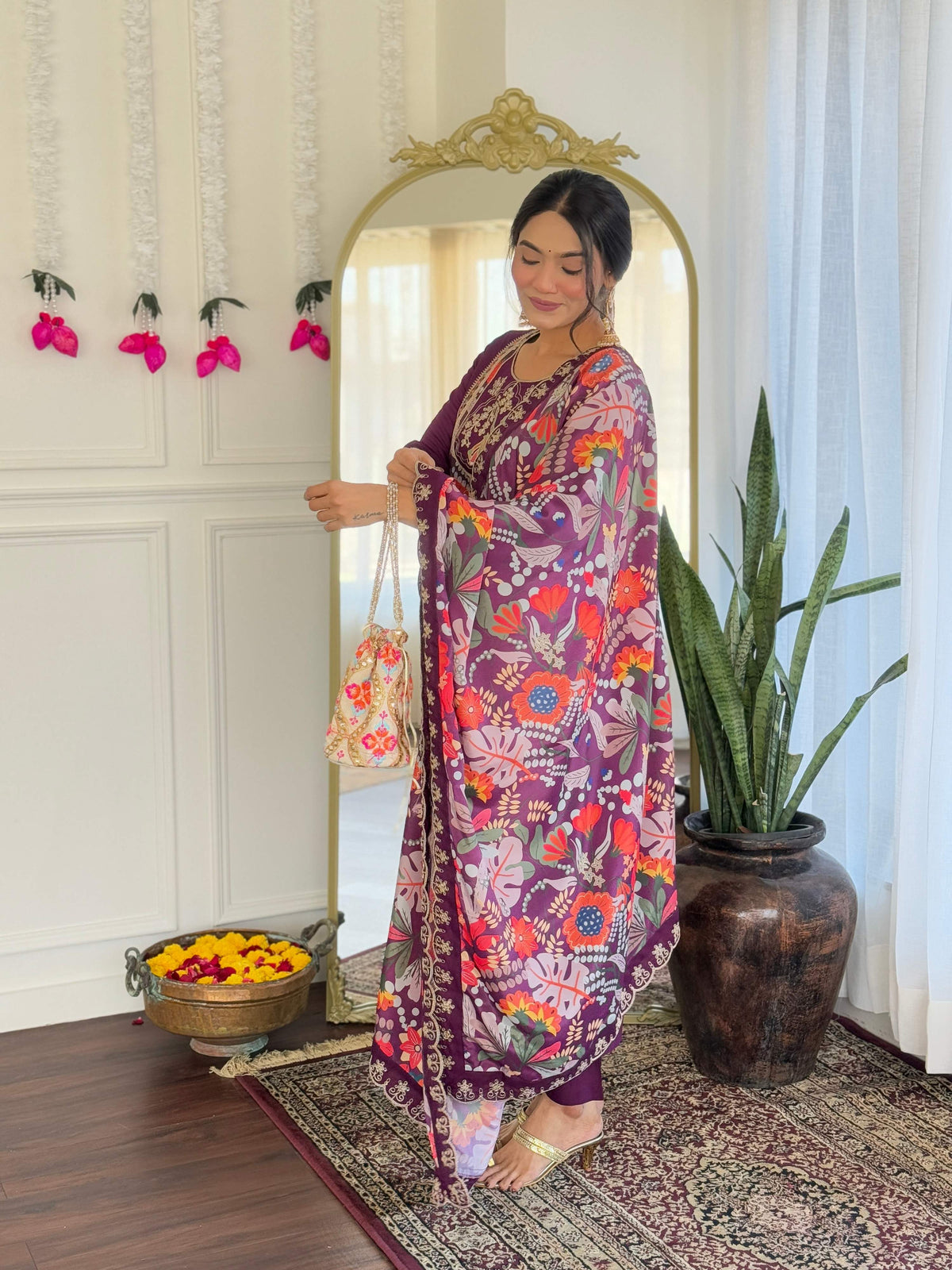 The52 Women's Viscose Chanderi Fabric Straight Kurta, Pant and Dupatta Set