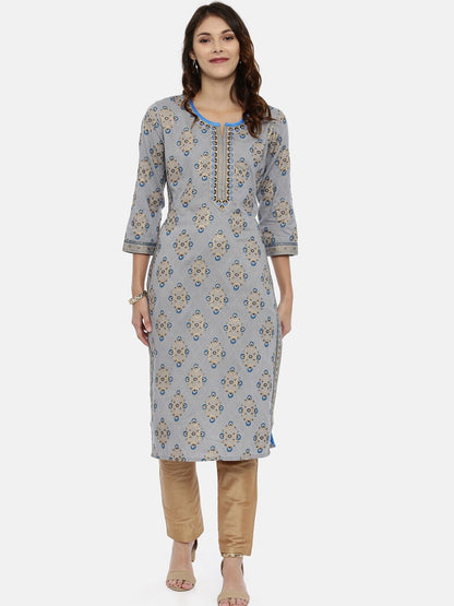 Souchii Grey & Gold Printed Straight Kurta