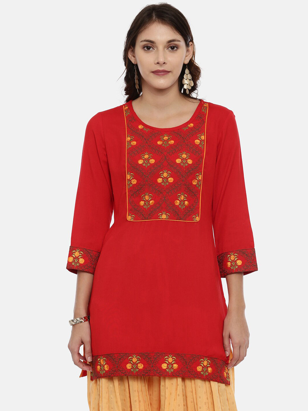 Souchii Women Red & Yellow Floral Yoke Design Kurta
