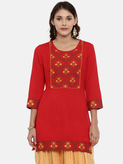 Souchii Women Red & Yellow Floral Yoke Design Kurta