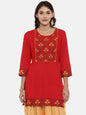 Souchii Women Red & Yellow Floral Yoke Design Kurta
