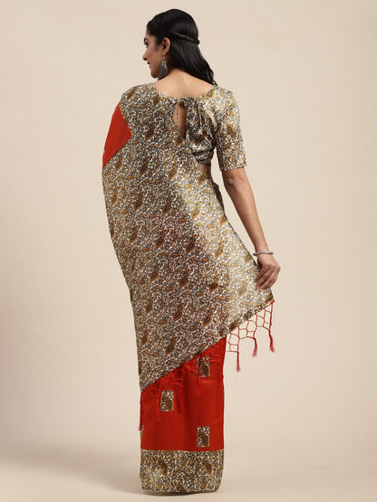 Saree Mall Rust Red & Orange Art Silk Printed Bhagalpuri Saree